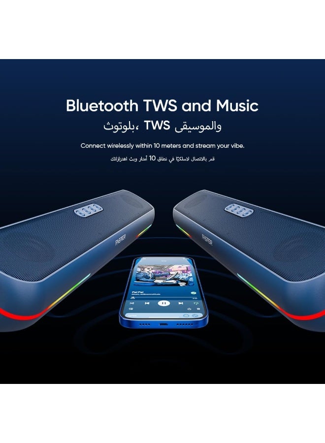 Faster Ryzo Z16 Soundbar - 16W Wireless Sound Bar 415x133x100mm Bluetooth 5.3 EDR 5H Playback RGB Light TWS - Portable Speaker USB AUX, TF Card - Hands-Free Call 360° Surround Sound (Navy Blue) - Image 3