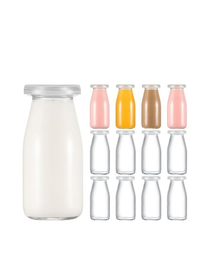 Home zone 12 Pack Small Glass Milk Bottle Clear Mini Glass Bottles with Lids Reusable Glass Milk Jar Small Juice Storage Bottle Vintage Breakfast Shake Container for Drinking Water Honey (3.38 oz)100ML - Image 1