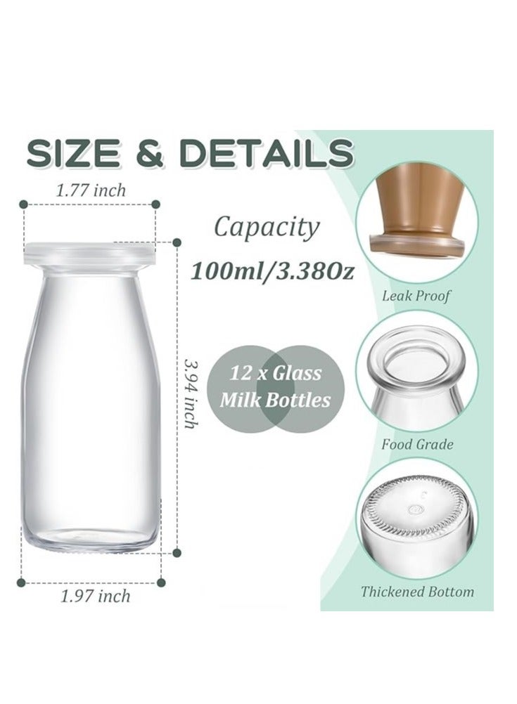 Home zone 12 Pack Small Glass Milk Bottle Clear Mini Glass Bottles with Lids Reusable Glass Milk Jar Small Juice Storage Bottle Vintage Breakfast Shake Container for Drinking Water Honey (3.38 oz)100ML - Image 2