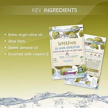 7th Heaven Superfood Intense Hydration Extra Virgin Olive Oil Biodegradable Bamboo Sheet Mask to Cleanse Skin for Long Lasting Hydration Ideal for All Skin Types - Image 4