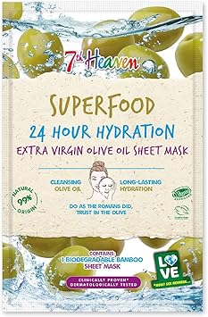 7th Heaven Superfood Intense Hydration Extra Virgin Olive Oil Biodegradable Bamboo Sheet Mask to Cleanse Skin for Long Lasting Hydration Ideal for All Skin Types - Image 1
