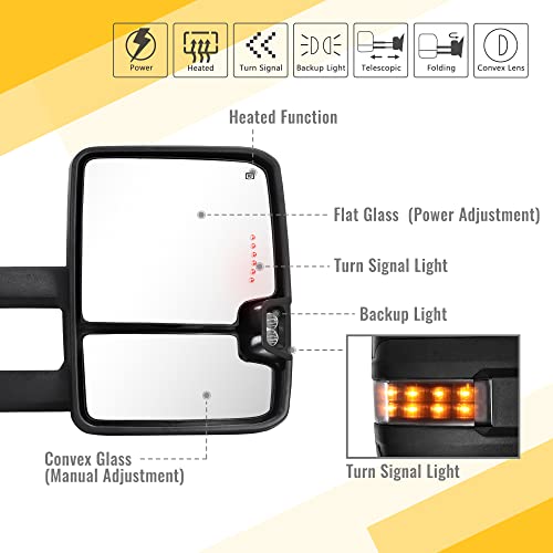 Sanooer Towing Mirrors for 2007 2008 2009 2010 2011 2012 2013 Chevy Silverado Suburban Tahoe Avalanche GMC Sierra Yukon with Power Glass Turn Signal Light Backup Lamp Heated Extendable Pair - Image 2