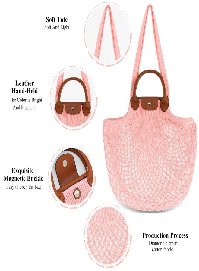 Hibala Woven Bag for Women, Fishing net bag,Straw Mesh Tote Bag, Beach,Hobo Bag, Foldable Large Capacity (Pink) - Image 4