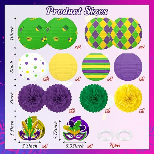 Renbuzhu 15 Pcs Mardi Gras Hanging Paper Lanterns Decorations - Honeycomb Balls Swirls Decor for Party Supplies Baby Shower Office Indoor Outdoor - Image 4