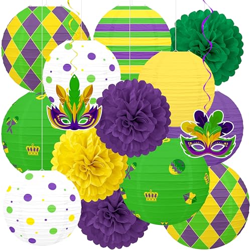 Renbuzhu 15 Pcs Mardi Gras Hanging Paper Lanterns Decorations - Honeycomb Balls Swirls Decor for Party Supplies Baby Shower Office Indoor Outdoor - Image 1