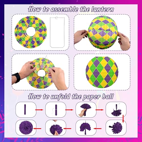 Renbuzhu 15 Pcs Mardi Gras Hanging Paper Lanterns Decorations - Honeycomb Balls Swirls Decor for Party Supplies Baby Shower Office Indoor Outdoor - Image 5