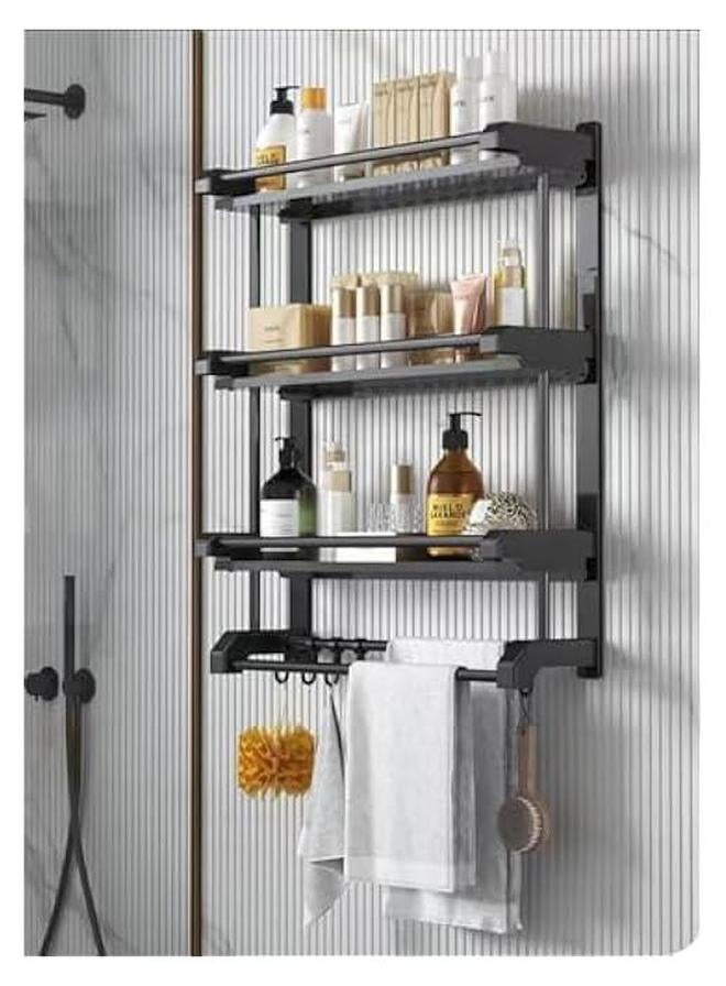 هوكور رف حمام من هوكور مع قضبان منشفة، رف حمام يثبت على الحائط، رف تخزين دش مع خطافات، رف منظم تخزين للحمام والمطبخ (3 طبقات)، ستانلس ستيل، أسود - Image 1