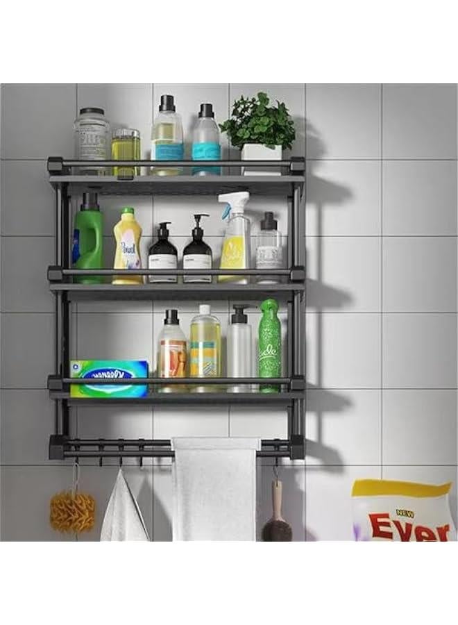 HOOKOR Wall Mounted Bathroom Shelf with Towel Bars, Shower Storage Rack with Hooks, Storage Organizer Shelf for Bathroom,Kitchen (3 layer) - Image 3