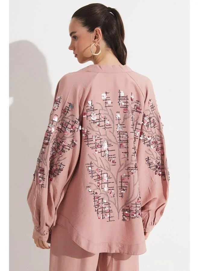 JUNE June Women Exclusive Embroidery Detailed Viscose Blend Woven Kimono Powder
