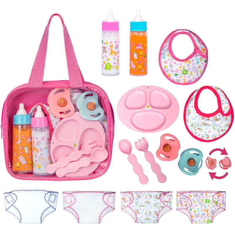 fash n kolor My Sweet Baby 13Piece Doll Feeding Diaper Bag Set Disappearing Milk Bottles Bibs Pacifiers Diapers Accessories Set Pretend Play Baby Doll Care Kit for Girls Fits 1218 Dolls - Image 2