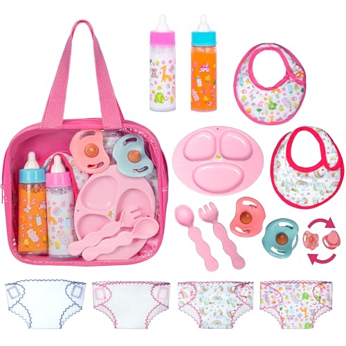 fash n kolor My Sweet Baby 13Piece Doll Feeding Diaper Bag Set Disappearing Milk Bottles Bibs Pacifiers Diapers Accessories Set Pretend Play Baby Doll Care Kit for Girls Fits 1218 Dolls - Image 1