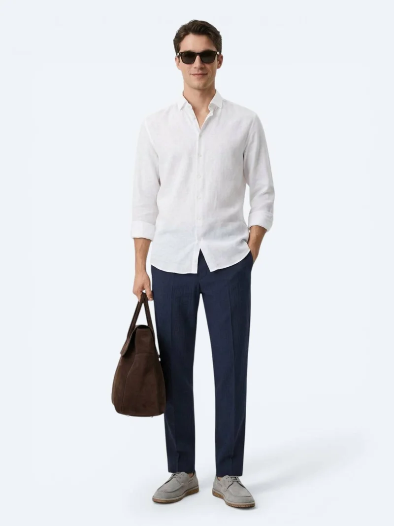 كيب قميص أبيض سادة بقصة عادية طويلة من مزيج القطن