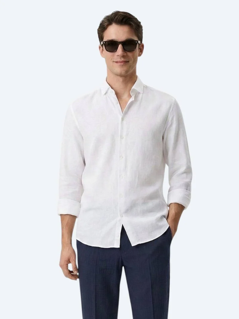 Kip White Plain Regular Fit Long Weaving Casual Cotton Blended Shirt