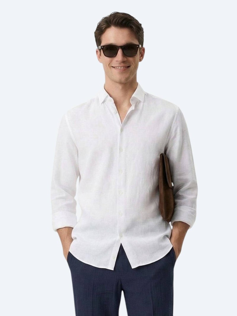 Kip White Plain Regular Fit Long Weaving Casual Cotton Blended Shirt - Image 5