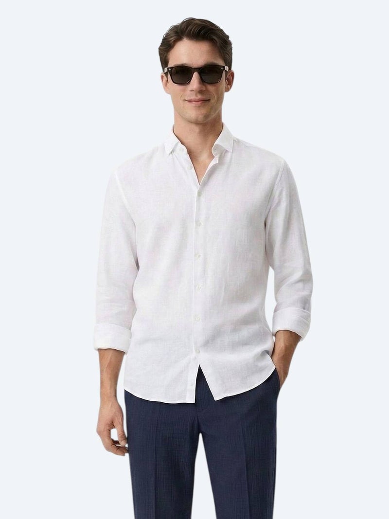 Kip White Plain Regular Fit Long Weaving Casual Cotton Blended Shirt - Image 1