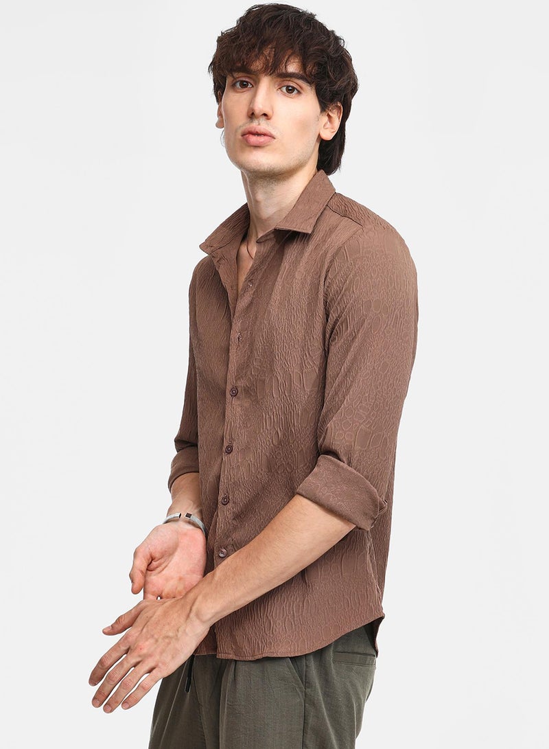 Campus Sutra Men's Ash Brown Veined-Textured Shirt  - Image 3