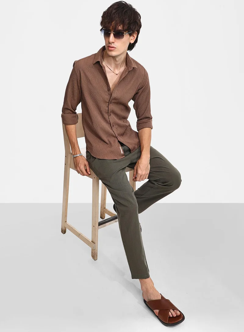 كامبوس سوترا Men's Ash Brown Veined-Textured Shirt