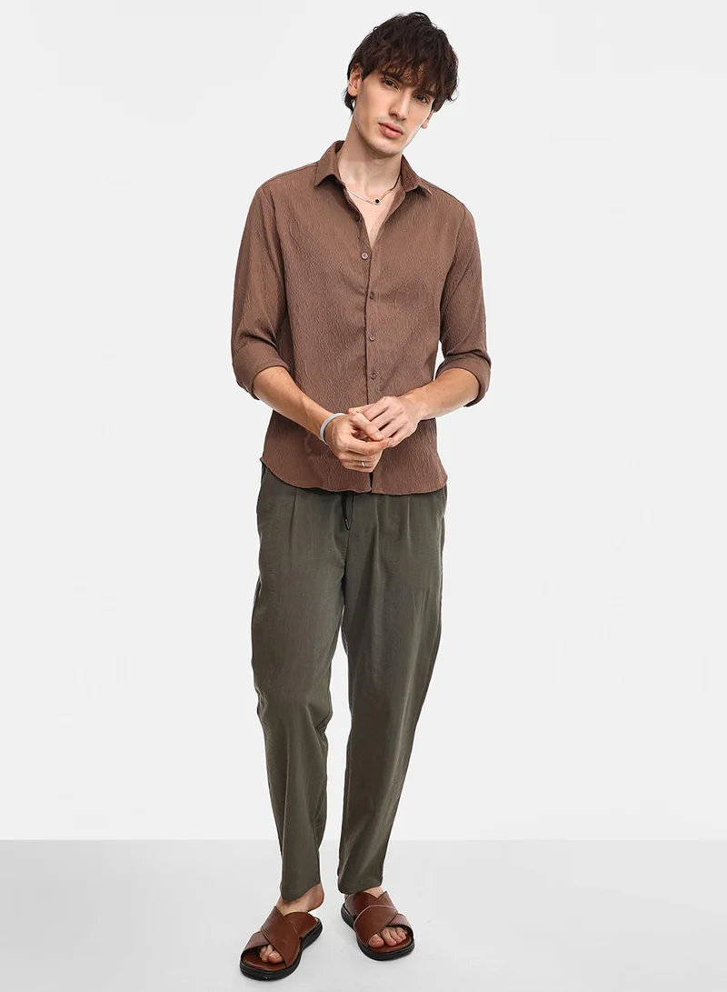 كامبوس سوترا Men's Ash Brown Veined-Textured Shirt