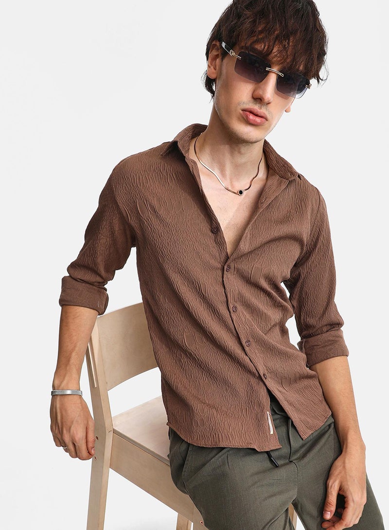 Campus Sutra Men's Ash Brown Veined-Textured Shirt  - Image 1