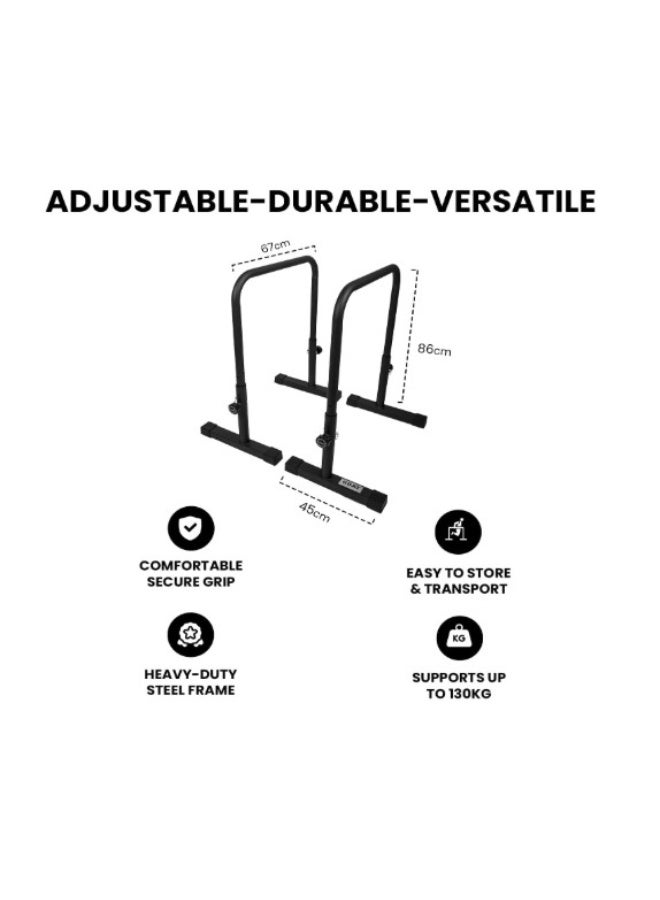 جوت  قضبان باراليتس / متوازي قابلة للتعديل من G.O.A.T | فولاذ مطلي بالبودرة | تتحمل حتى 130 كجم | أقدام مطاطية مانعة للانزلاق | قابلة للتعديل حتى 94 سم | 80% بوليستر | 20% قطن | طلاء سيليكون | أسود - Image 2