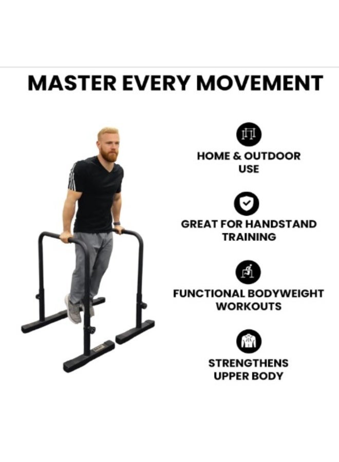جوت  قضبان باراليتس / متوازي قابلة للتعديل من G.O.A.T | فولاذ مطلي بالبودرة | تتحمل حتى 130 كجم | أقدام مطاطية مانعة للانزلاق | قابلة للتعديل حتى 94 سم | 80% بوليستر | 20% قطن | طلاء سيليكون | أسود - Image 3