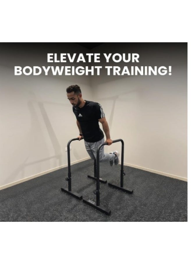 جوت  قضبان باراليتس / متوازي قابلة للتعديل من G.O.A.T | فولاذ مطلي بالبودرة | تتحمل حتى 130 كجم | أقدام مطاطية مانعة للانزلاق | قابلة للتعديل حتى 94 سم | 80% بوليستر | 20% قطن | طلاء سيليكون | أسود - Image 4