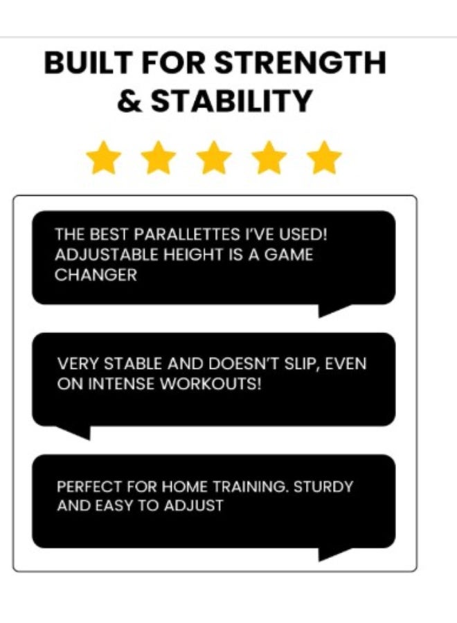 جوت  قضبان باراليتس / متوازي قابلة للتعديل من G.O.A.T | فولاذ مطلي بالبودرة | تتحمل حتى 130 كجم | أقدام مطاطية مانعة للانزلاق | قابلة للتعديل حتى 94 سم | 80% بوليستر | 20% قطن | طلاء سيليكون | أسود - Image 5