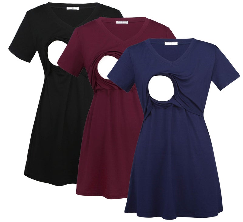 Bearsland Womens 3 Packs V Neck Nursing Tops Maternity Breastfeeding Tee Shirts,Black+red+Blue,XL - Image 1