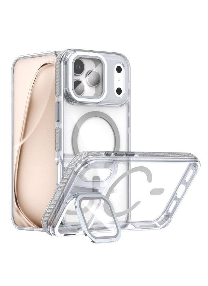 For iPhone 17 Pro Magnetic Case TPU Acrylic Clear Phone Back Cover with Lens Protector Kickstand - Grey - Image 1