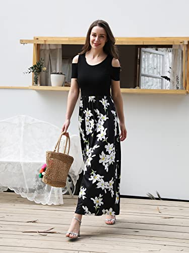 STYLEWORD Womens 2025 Fashion Summer Floral Wedding Guest Maxi Long Dress with Pocket Cold Shoulder Casual(Floral01,S) - Image 5