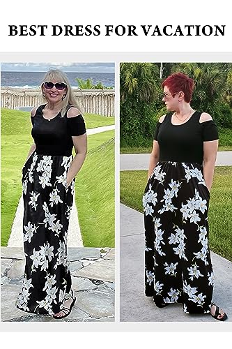 STYLEWORD Womens 2025 Fashion Summer Floral Wedding Guest Maxi Long Dress with Pocket Cold Shoulder Casual(Floral01,S) - Image 4