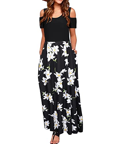 STYLEWORD Womens 2025 Fashion Summer Floral Wedding Guest Maxi Long Dress with Pocket Cold Shoulder Casual(Floral01,S) - Image 1