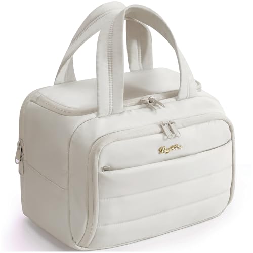 Bagstellar Travel Toiletry Bag for Women, Lightweight Large Quilted Puffy Makeup Bag Wide-open Make up Organizer Cloud Cosmetic Bag w/Handle for Traveling Toiletries, Essentials, Accessories, Beige - Image 1