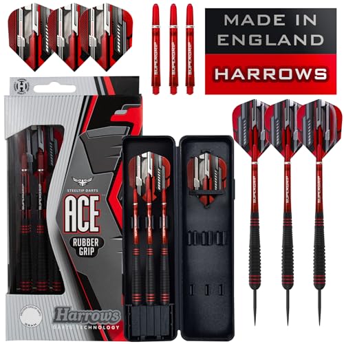 Harrows Ace Rubber Brass Steel Tip Darts Set 20g, 22g, 24g & 26g - Includes Supergrip Shafts, Micron Marathon Flights & Convenient Travel Case 24g - Image 1