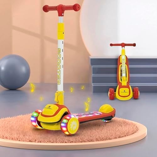 StarAndDaisy Scooter for Kids 3-12 YearsBoys & Girls / 3 Wheel Kids Scooter Boys & Girls with LED Light, PU Wheels/Skating Scooter 5 Level Adjustable Height and Easy to Fold (Red-Yellow) - Image 1