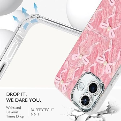 VONZEE Compatible with iPhone 16 6.1'' Case Luxury Pink Girly Cute 3D Bow Pearl Glitter Bling Case with Full Camera Protection Shockproof Case PC+TPU Glossy Shiny Cover for Girls Women, Pink - Image 4