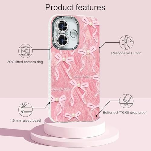 VONZEE Compatible with iPhone 16 6.1'' Case Luxury Pink Girly Cute 3D Bow Pearl Glitter Bling Case with Full Camera Protection Shockproof Case PC+TPU Glossy Shiny Cover for Girls Women, Pink - Image 3