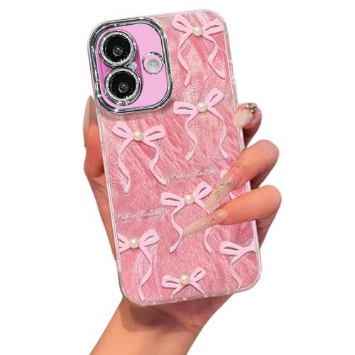 VONZEE Compatible with iPhone 16 6.1'' Case Luxury Pink Girly Cute 3D Bow Pearl Glitter Bling Case with Full Camera Protection Shockproof Case PC+TPU Glossy Shiny Cover for Girls Women, Pink - Image 1