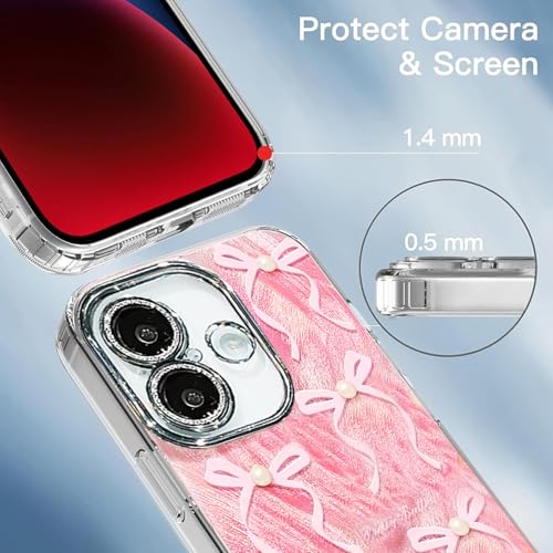 VONZEE Compatible with iPhone 16 6.1'' Case Luxury Pink Girly Cute 3D Bow Pearl Glitter Bling Case with Full Camera Protection Shockproof Case PC+TPU Glossy Shiny Cover for Girls Women, Pink - Image 5