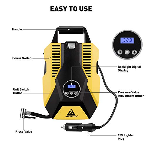 JOJOY LUX Digital Tire Inflator 12V DC Portable Auto Air Compressor Pump for Car Tires, 150 PSI Auto Shut Off with Emergency LED Flasher, Long Cable for Car, Bicycle, Motocycle, Air Boat and Other Inflatables - Image 2