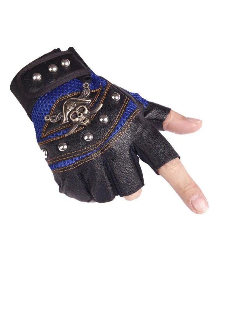 AROAQ Punk Skulls Rivet Pu Leather Gloves Men Women Fashion Hip Hop Gym Half Finger Gloves Summer Cycling Motorcycle Accessories Blue - Image 1