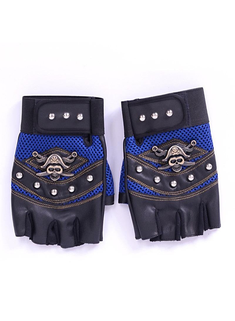 AROAQ Punk Skulls Rivet Pu Leather Gloves Men Women Fashion Hip Hop Gym Half Finger Gloves Summer Cycling Motorcycle Accessories Blue - Image 5