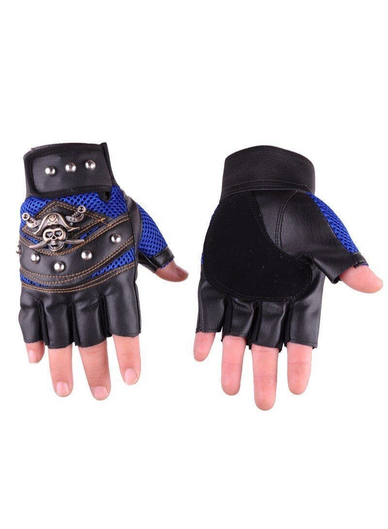 AROAQ Punk Skulls Rivet Pu Leather Gloves Men Women Fashion Hip Hop Gym Half Finger Gloves Summer Cycling Motorcycle Accessories Blue - Image 4