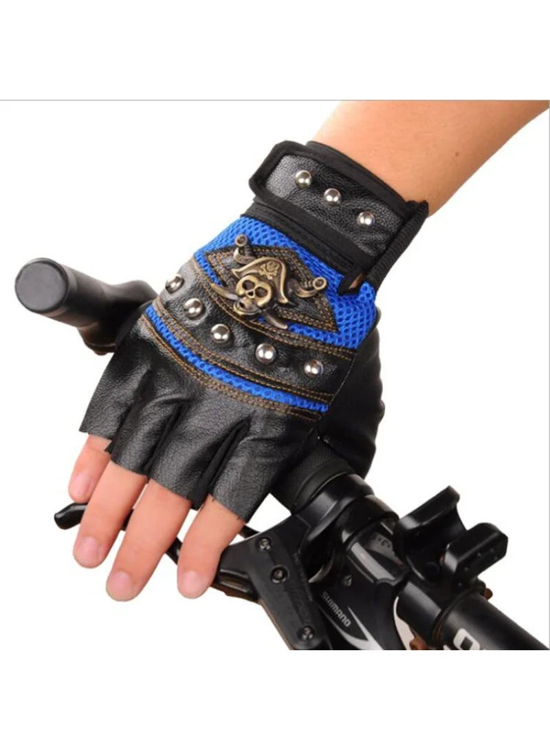 AROAQ Punk Skulls Rivet Pu Leather Gloves Men Women Fashion Hip Hop Gym Half Finger Gloves Summer Cycling Motorcycle Accessories Blue - Image 2