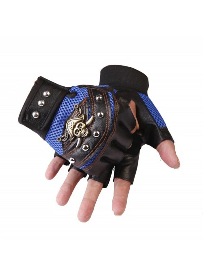 AROAQ Punk Skulls Rivet Pu Leather Gloves Men Women Fashion Hip Hop Gym Half Finger Gloves Summer Cycling Motorcycle Accessories Blue - Image 3