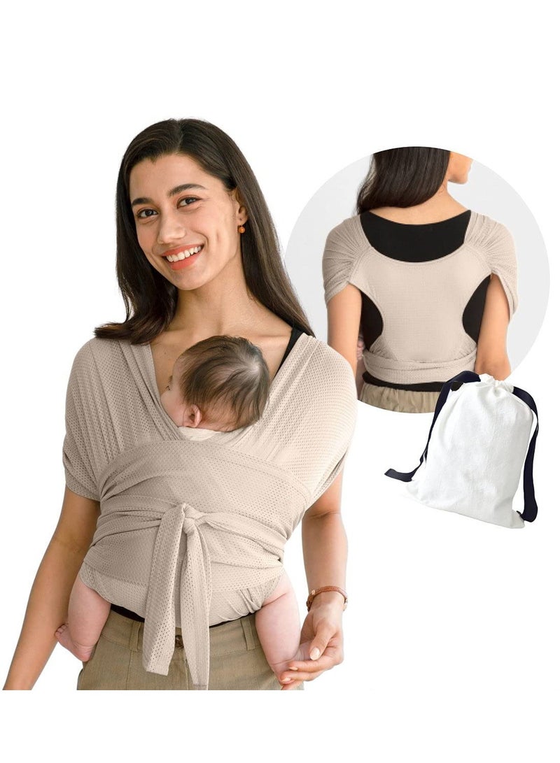 Breathable Summer Mesh Baby Wrap Carrier - Easy Hands-Free Design for Newborns and Kids Up to 44lbs - Moisture-Wicking Soft Fabric in Beige Color. - Image 1