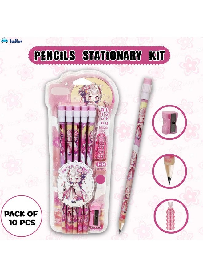 FunBlast FunBlast Pencil Set for Kids - Pack of 10 Pcs HB Pencils Stationary Kit, Lotus Flower Pencil Set with Erasers, Sharpener and Pencil Grip for Kids, Pencil for Drawing & Shading, Sketching (Pink)  - Image 4