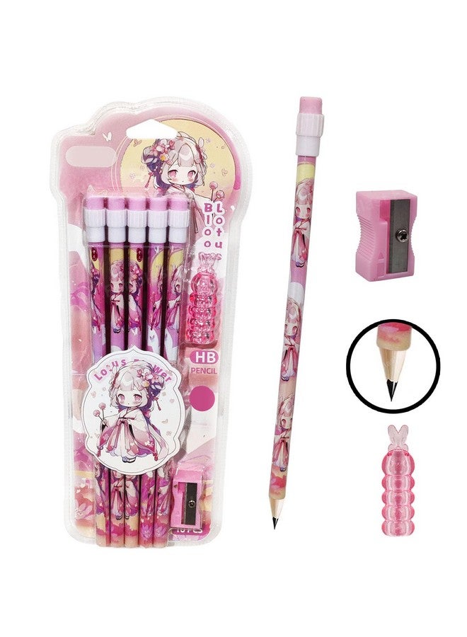 FunBlast FunBlast Pencil Set for Kids - Pack of 10 Pcs HB Pencils Stationary Kit, Lotus Flower Pencil Set with Erasers, Sharpener and Pencil Grip for Kids, Pencil for Drawing & Shading, Sketching (Pink)  - Image 1