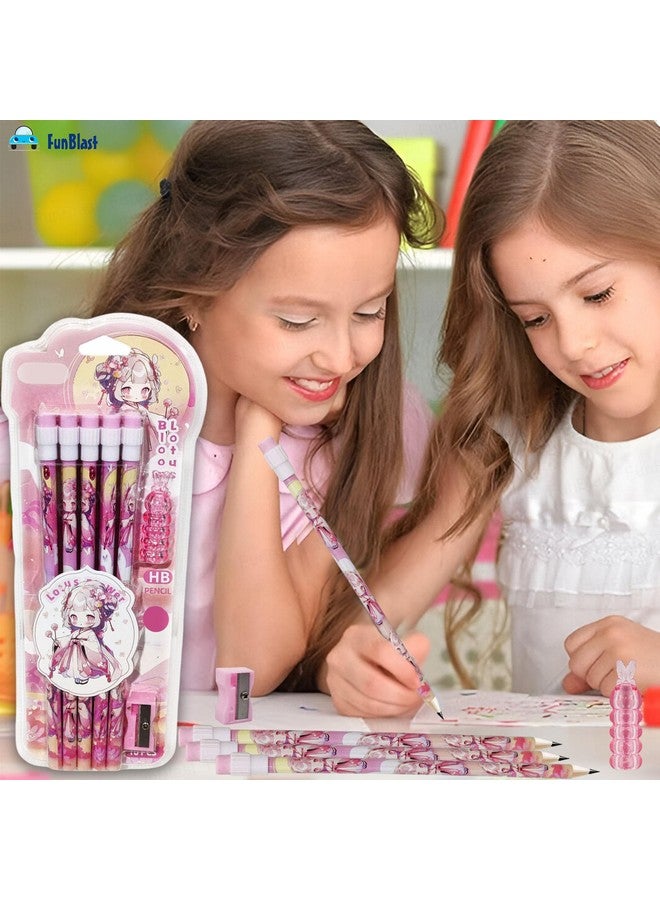 FunBlast FunBlast Pencil Set for Kids - Pack of 10 Pcs HB Pencils Stationary Kit, Lotus Flower Pencil Set with Erasers, Sharpener and Pencil Grip for Kids, Pencil for Drawing & Shading, Sketching (Pink)  - Image 2