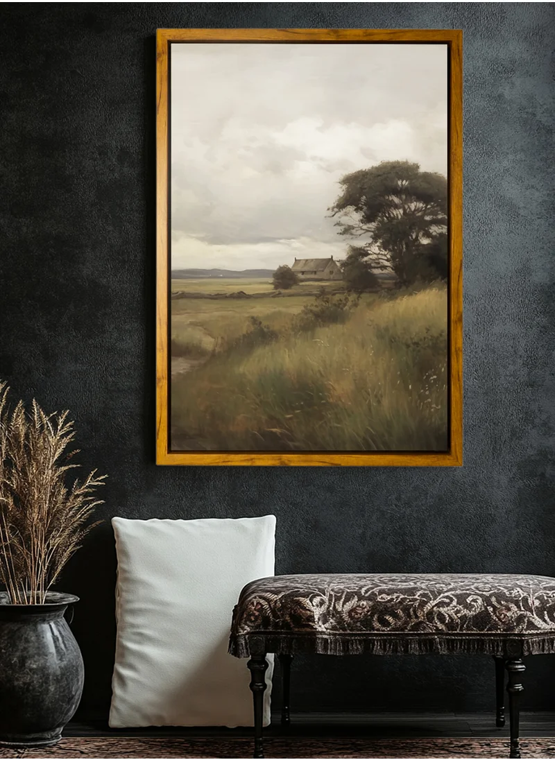 LOWHA Canvas Wall Art Stretched Over Wooden Frame with Wooden Color Floating Frame and Vintage Style Rural Scenery Painting
